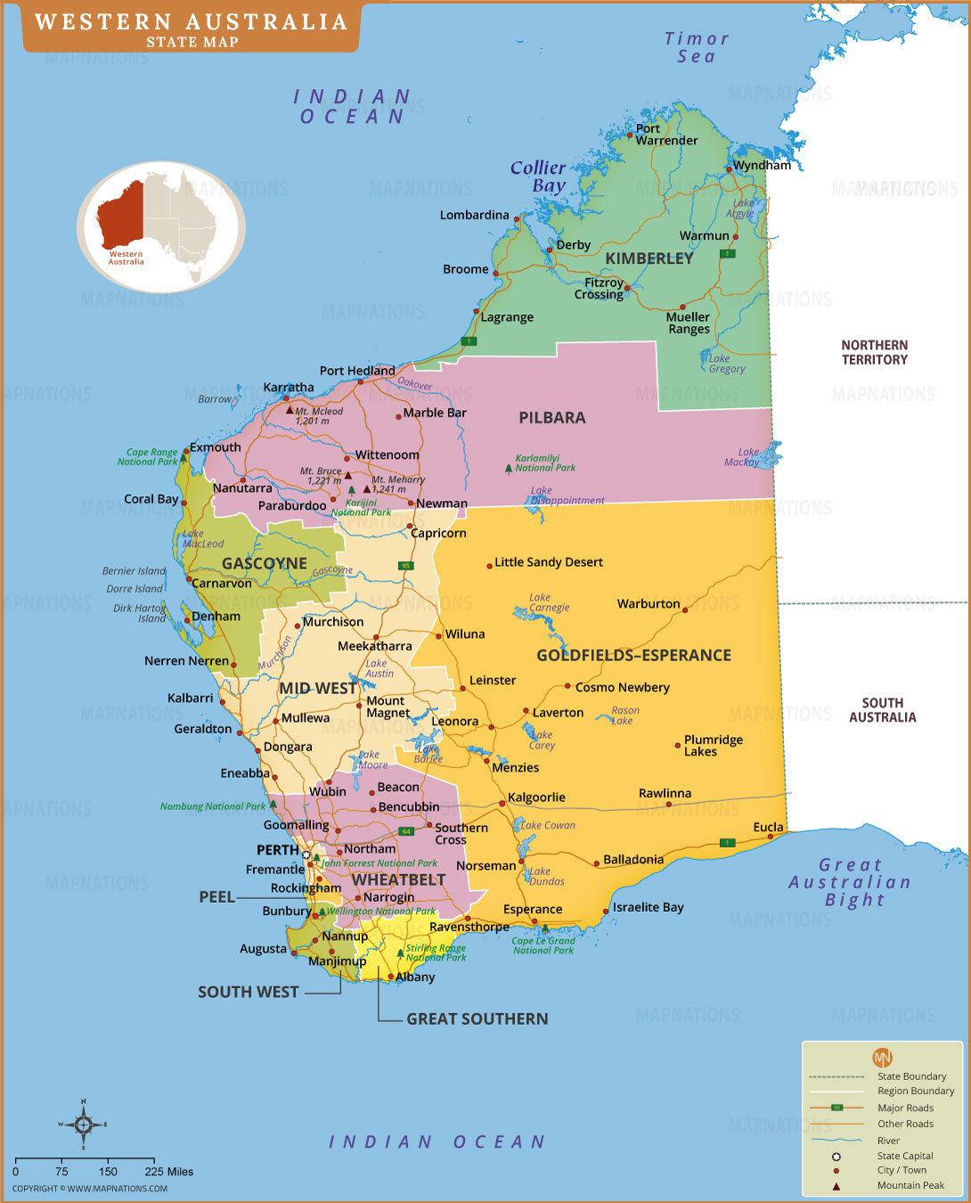 Detailed map of Western Australia showing regions, cities, towns, roads, rivers, national parks, and surrounding oceans.