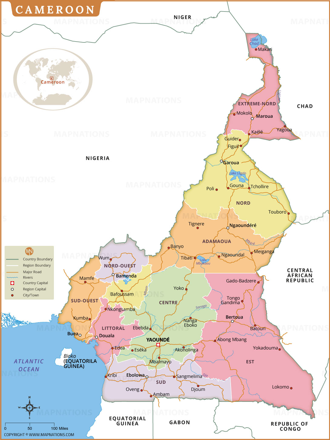 Cameroon Map With Regions Cities Roads And Capitals