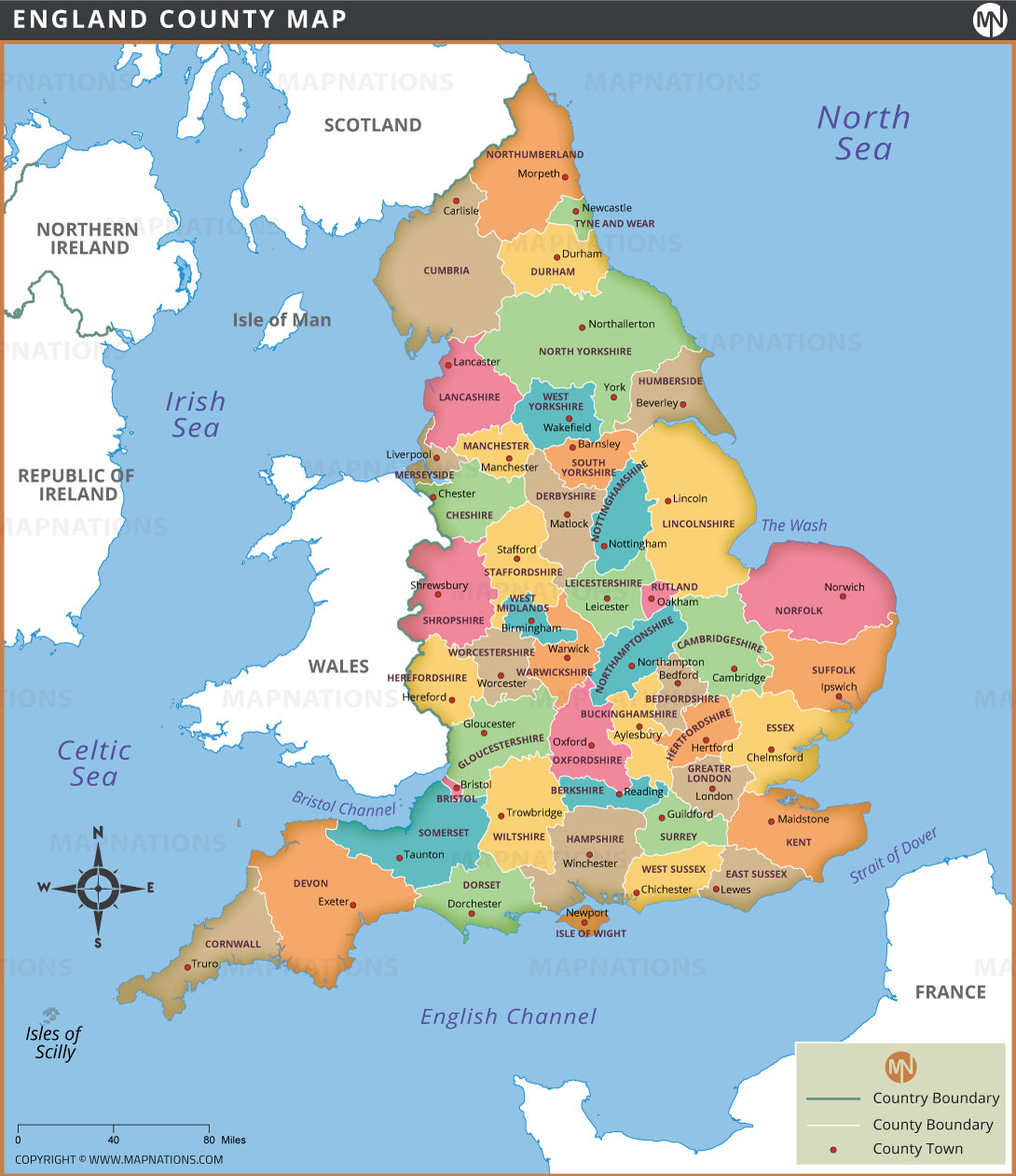 England County Map With Labeled Counties And County Towns