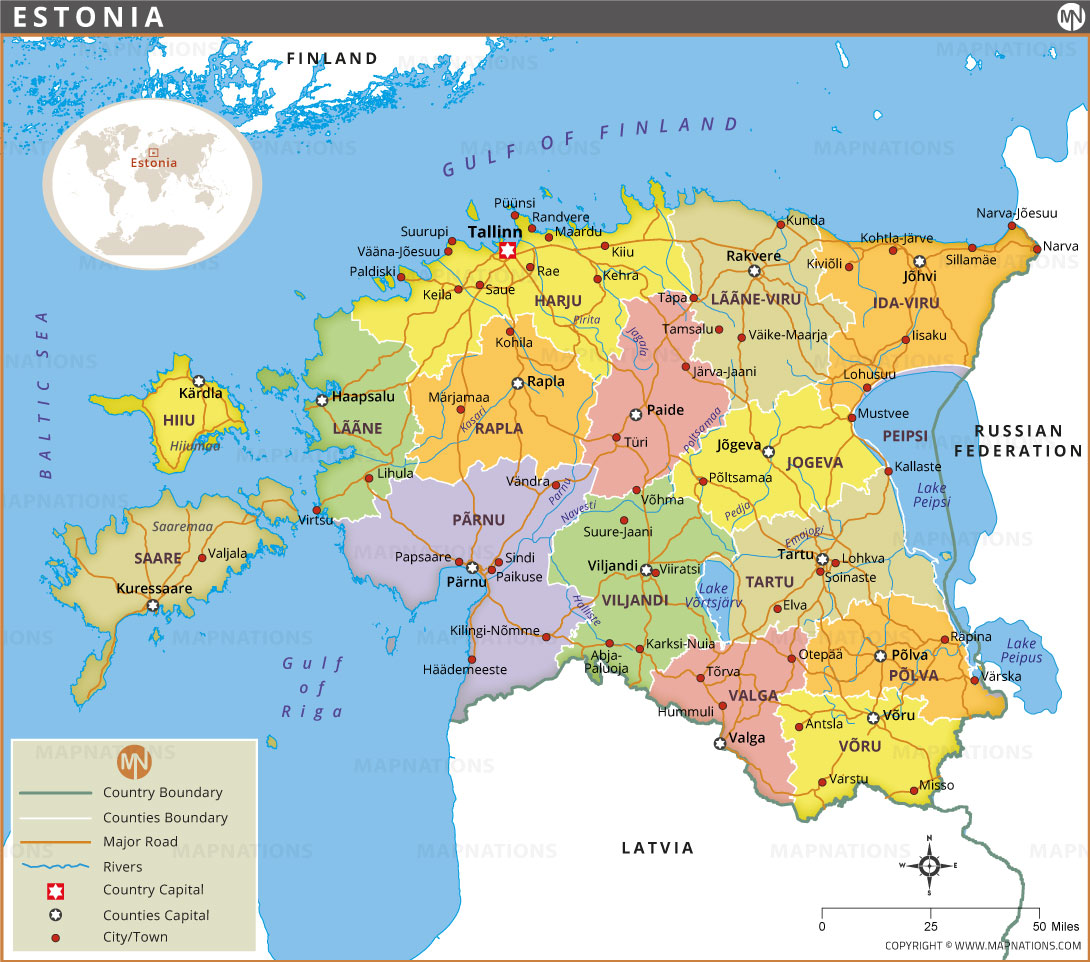 Estonia Map Counties Capitals Major Cities And International Borders