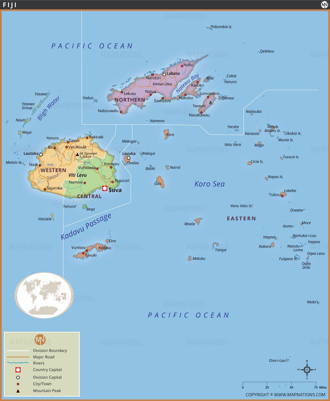 Fiji Map With Divisions Cities Roads Islands And Capital Suva