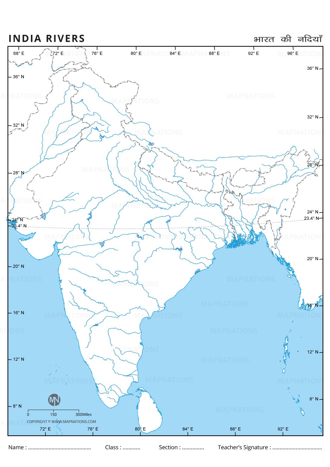 India Rivers Outline Map