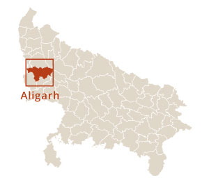 Aligarh district location map highlighting its position in Uttar Pradesh, India.