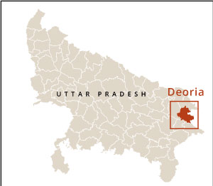 Location map: Location of Deoria district highlighted on the Uttar Pradesh map in eastern India.