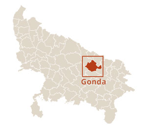 Where is Gonda district located in Uttar Pradesh, India, showing its geographical position within the state.