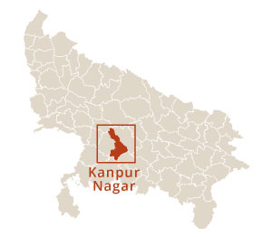 Location of Kanpur Nagar district in Uttar Pradesh, India, highlighted on the state district map.