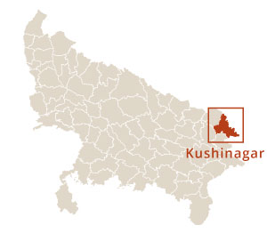 Location of Kushinagar district in eastern Uttar Pradesh, India, highlighted on the state map near the Bihar border.