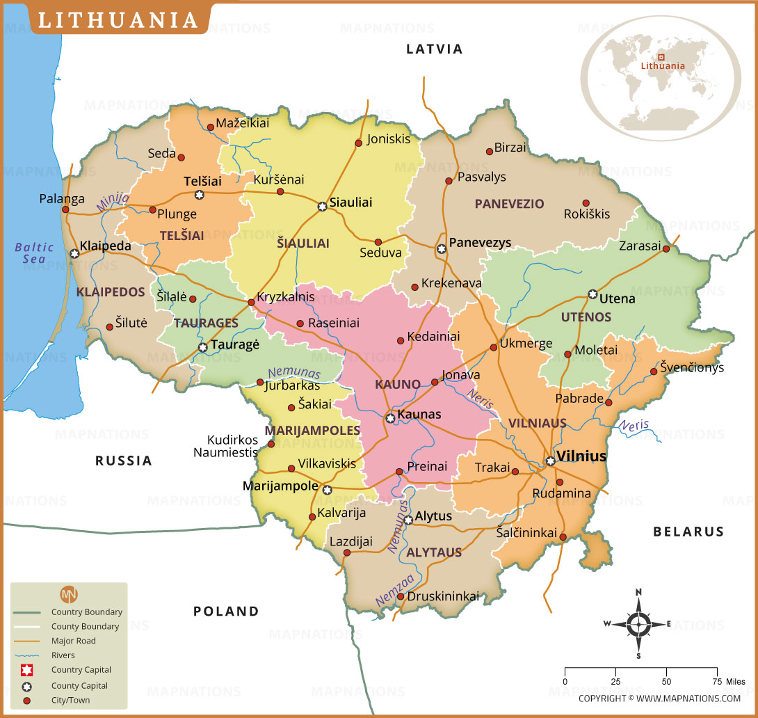 Lithuania Administrative Map With Counties Cities And Roads Lithuania Administrative Map With Counties Cities And Roads