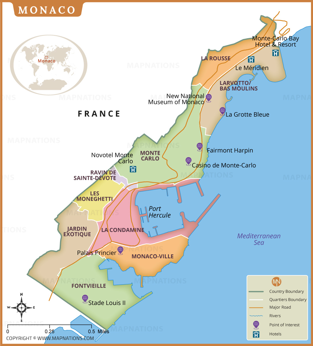 Monaco Map Detailed Quartiers Landmarks Roads And Attractions Overview Monaco Map Detailed Quartiers Landmarks Roads And Attractions Overview