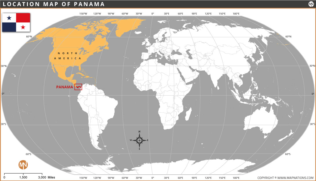 Location map of Panama on the world map showing Central America, neighboring countries, and surrounding oceans.