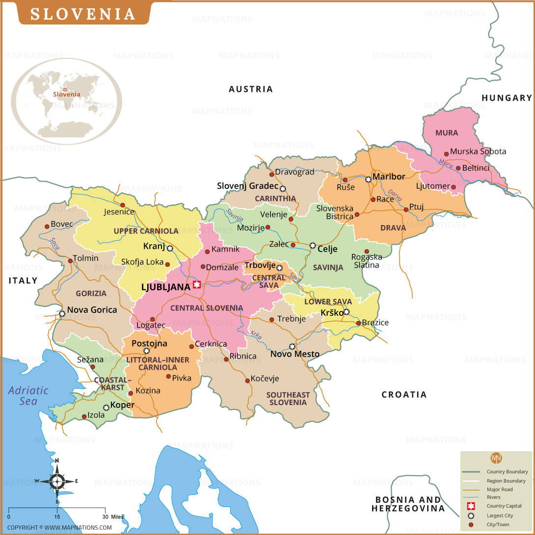 Slovenia Map With Regions Capital Cities Roads And Regions Slovenia Map With Regions Capital Cities Roads And Regions