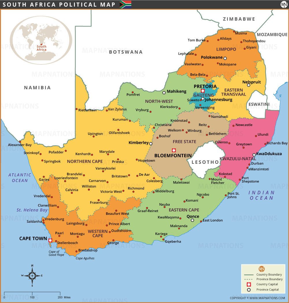 Political Map Of South Africa With Provinces Capitals And Major Cities