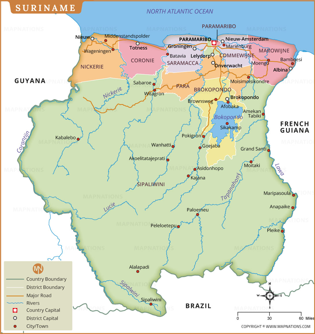 Suriname Map With Districts Cities Rivers And Roads