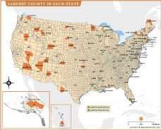 Largest County in Each U.S. State Map thumb