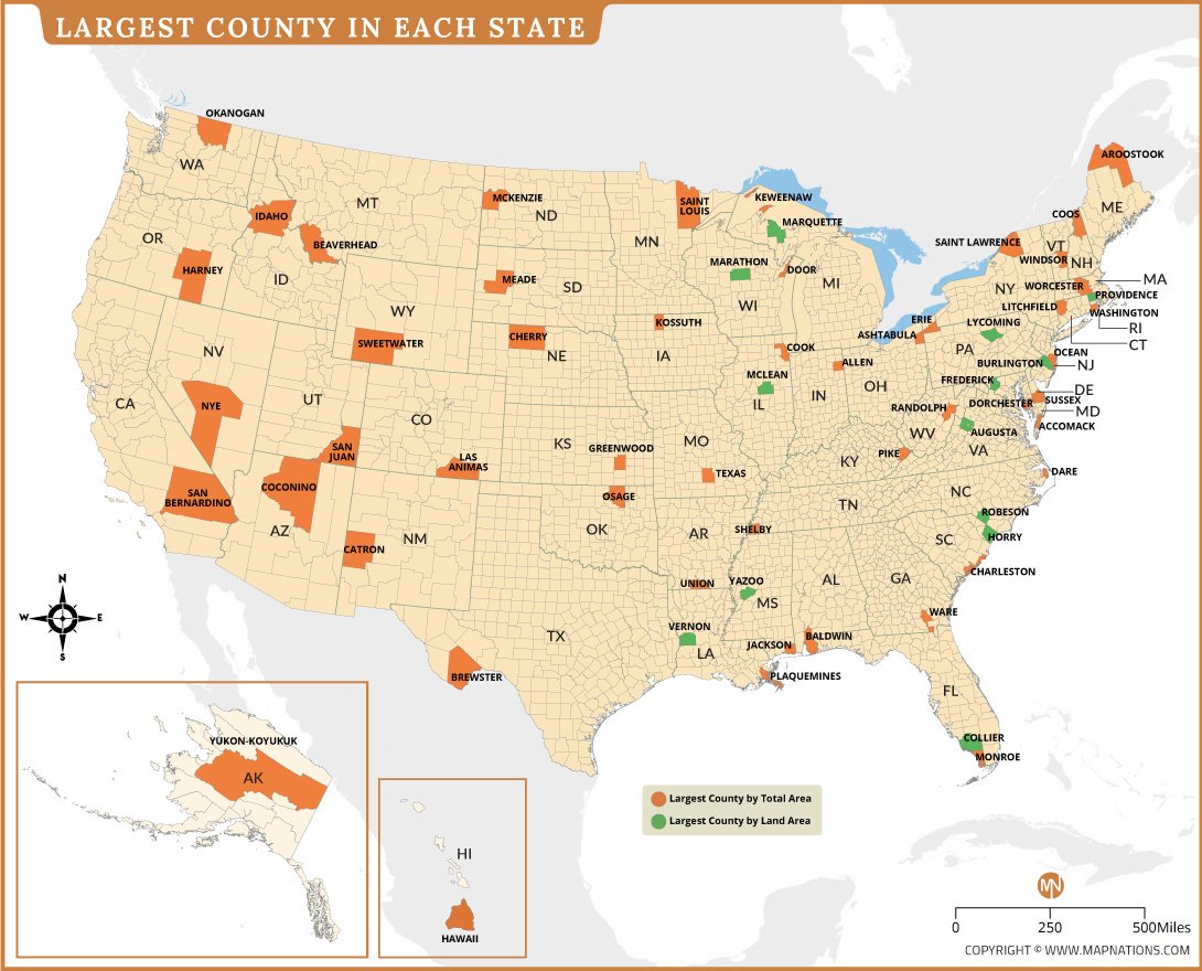 Largest County in Each U.S. State Map thumb