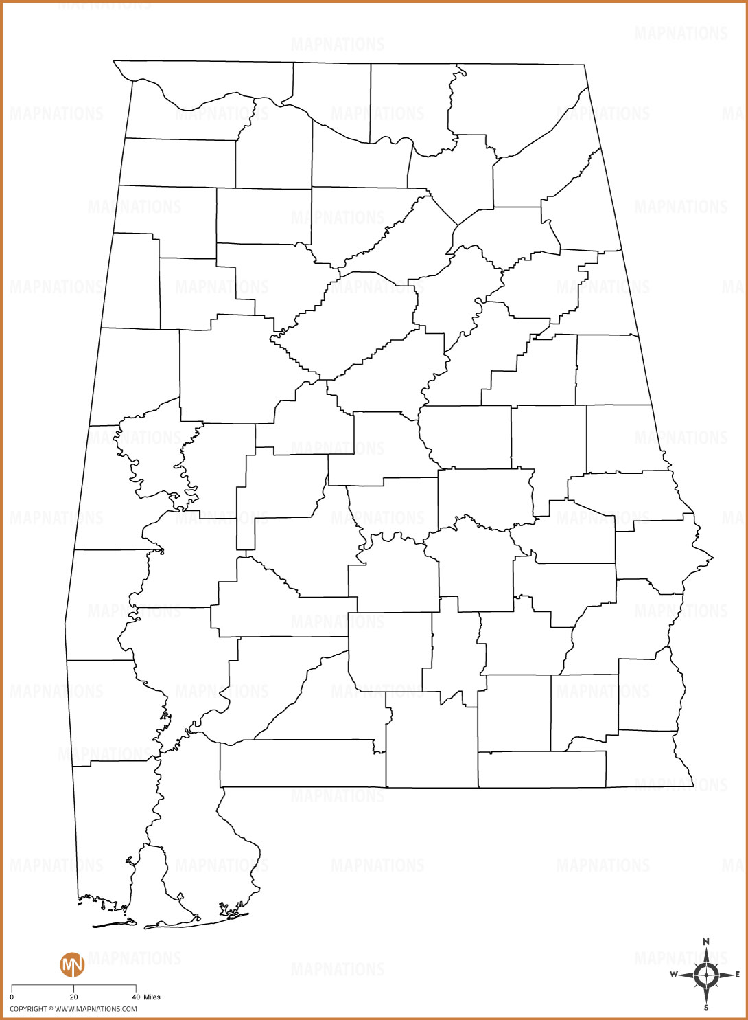 Blank Map of Alabama Counties thumb