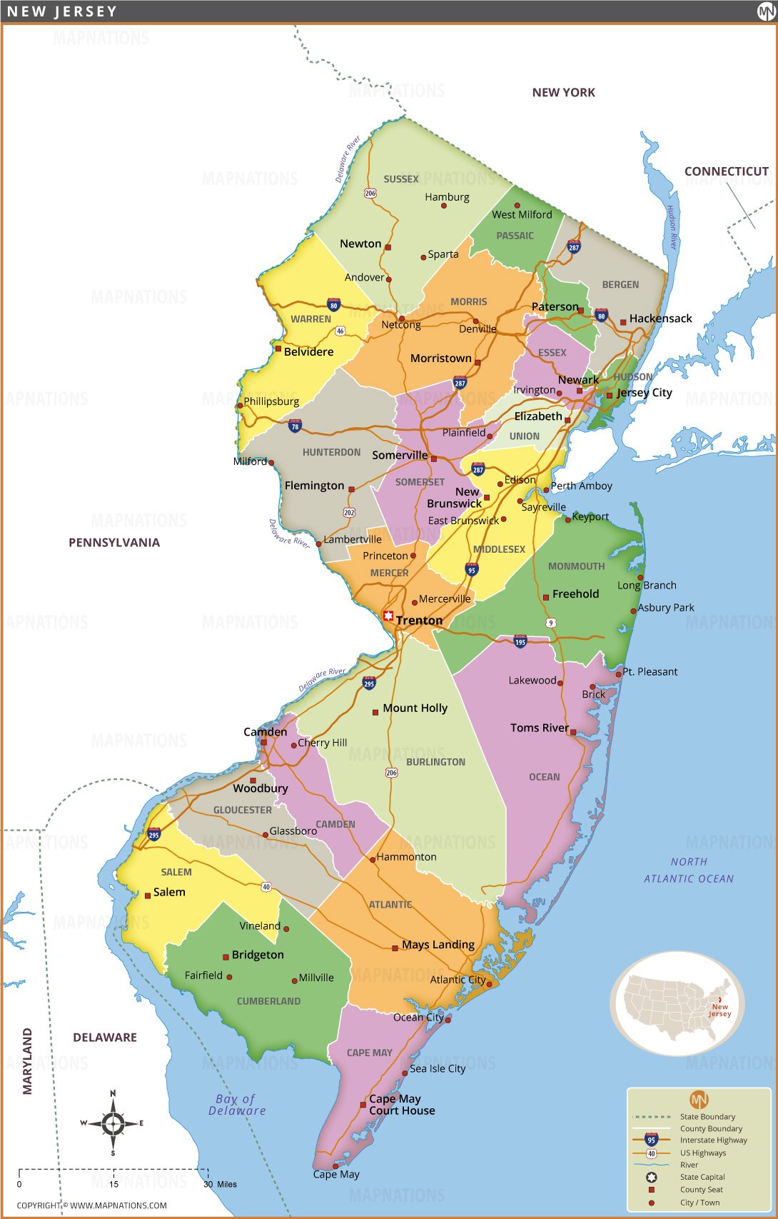 Map Of New Jersey Including Counties Cities Highways And Geographic 