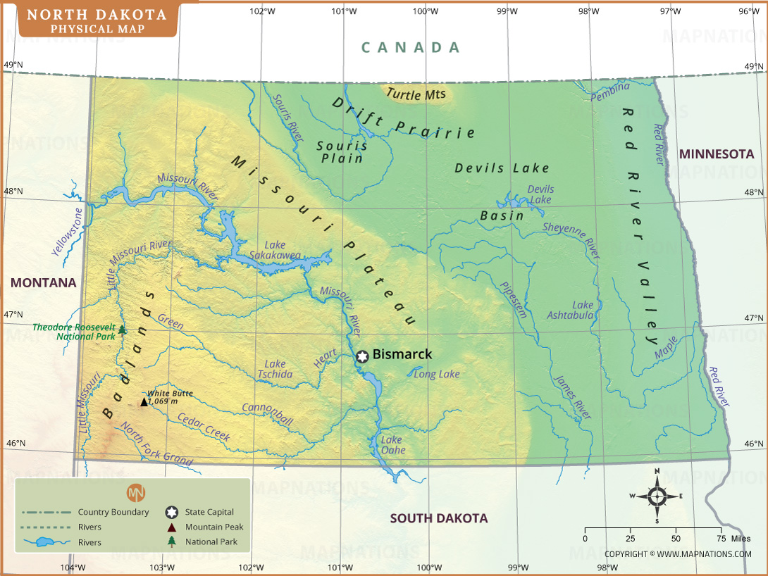 North Dakota Physical Map thumb