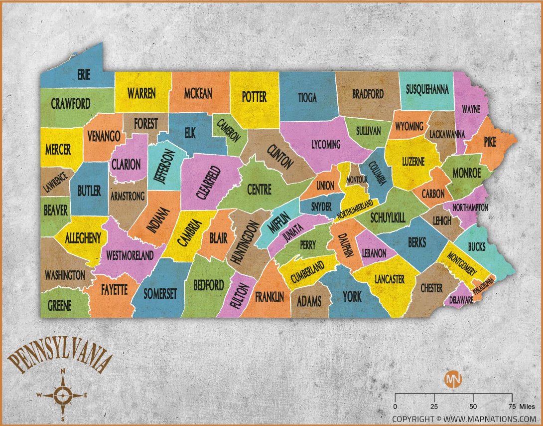 Vintage Pennsylvania County Map