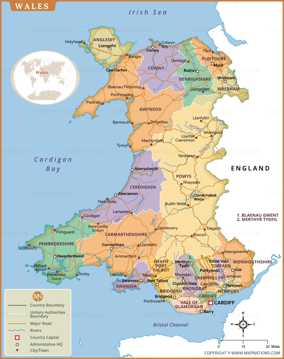 Map Of Wales With Counties Cities Roads Rivers And Major Boundaries