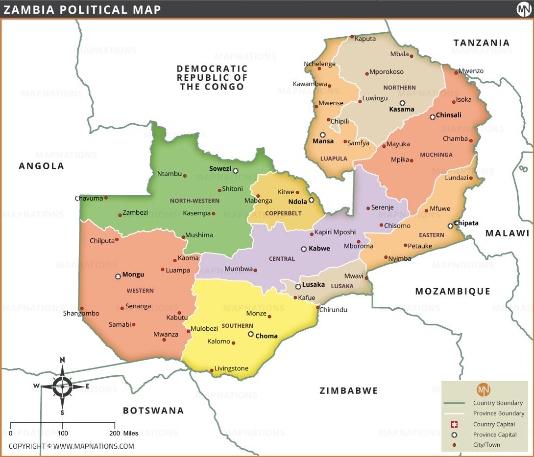 Zambia Political Map With Provinces Capitals And Cities