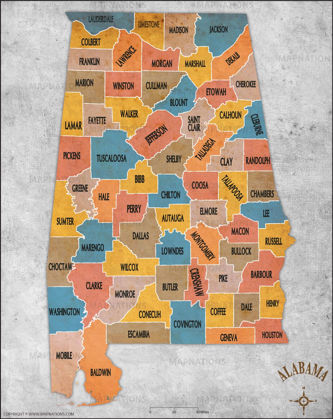 Vintage Alabama County Map