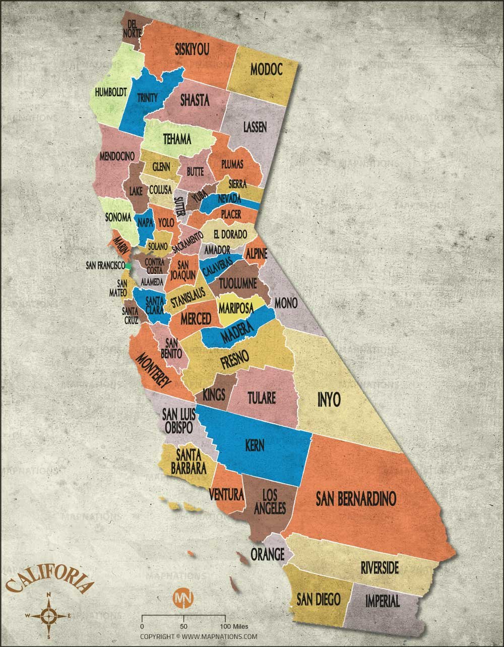 Vintage California County Map