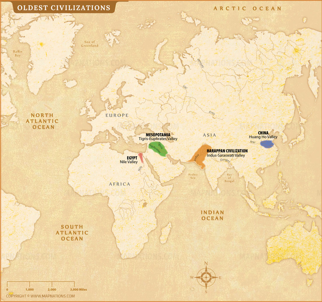 Oldest Civilizations Map Ancient Mesopotamia Egypt Indus Valley 