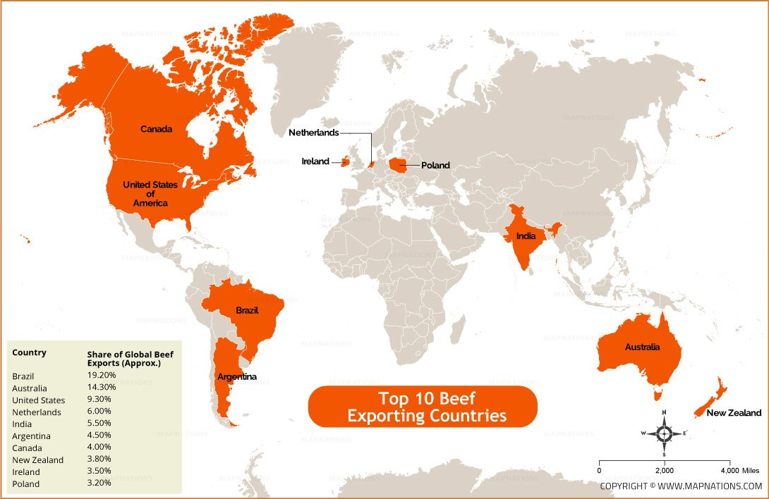 Top 10 Beef Exporting Countries Map thumbnail