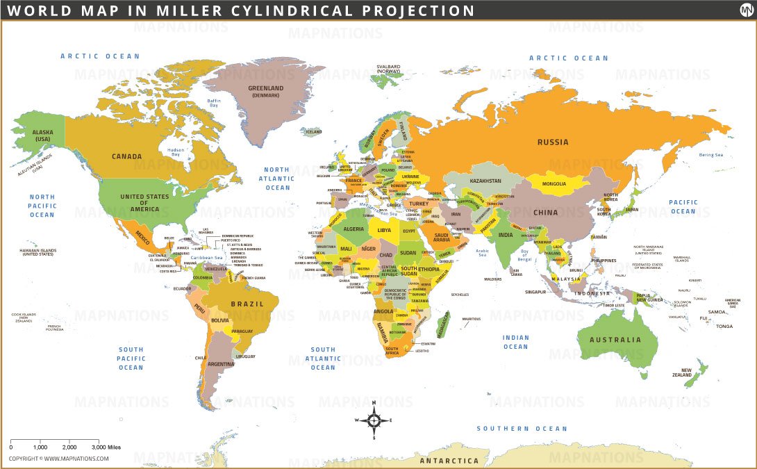 World Map in Miller Cylindrical Projection