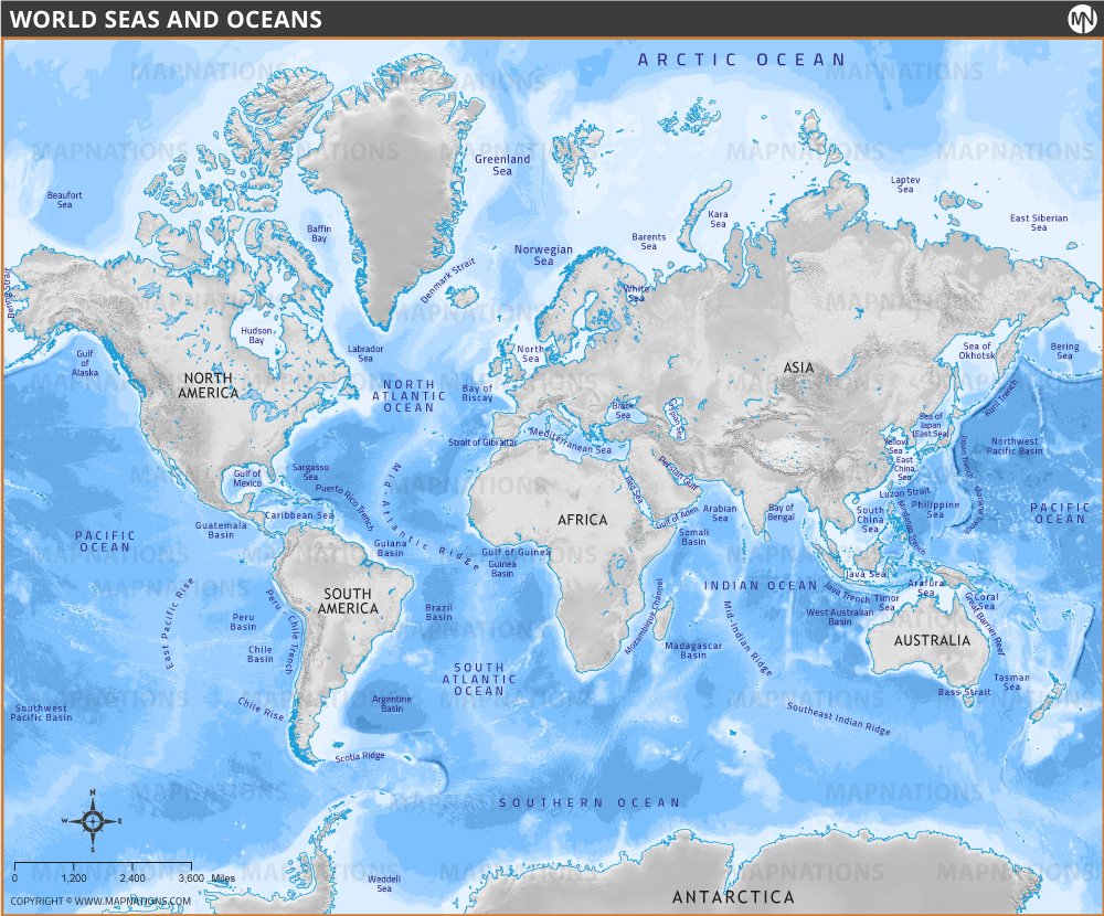 World Map of Seas and Oceans with Geographic Basins